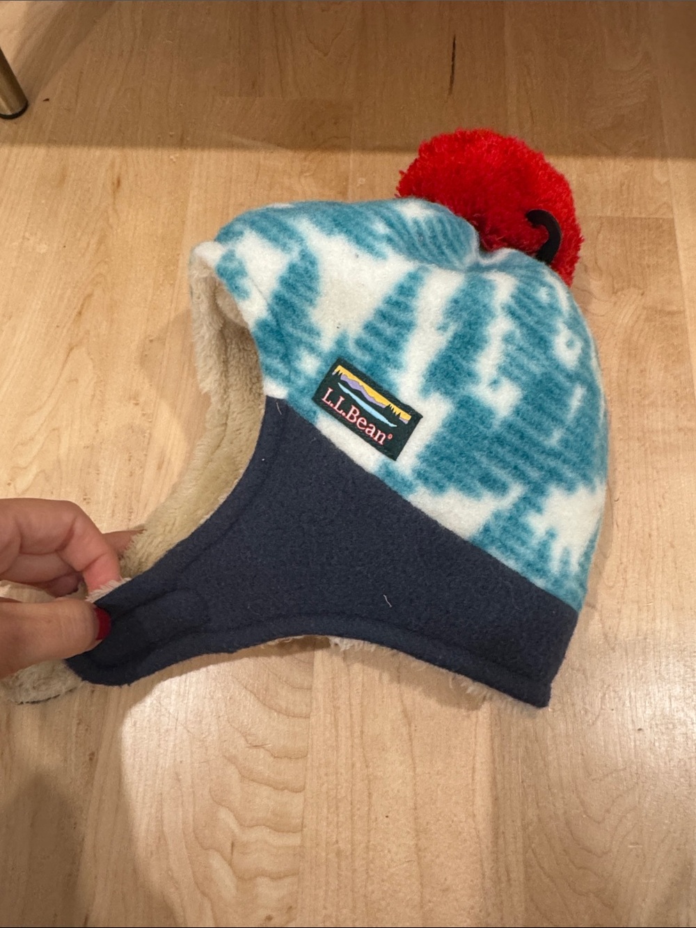 L.L. Bean Kids Blue and White Patterned Fleece Earflap Hat with Red Pom